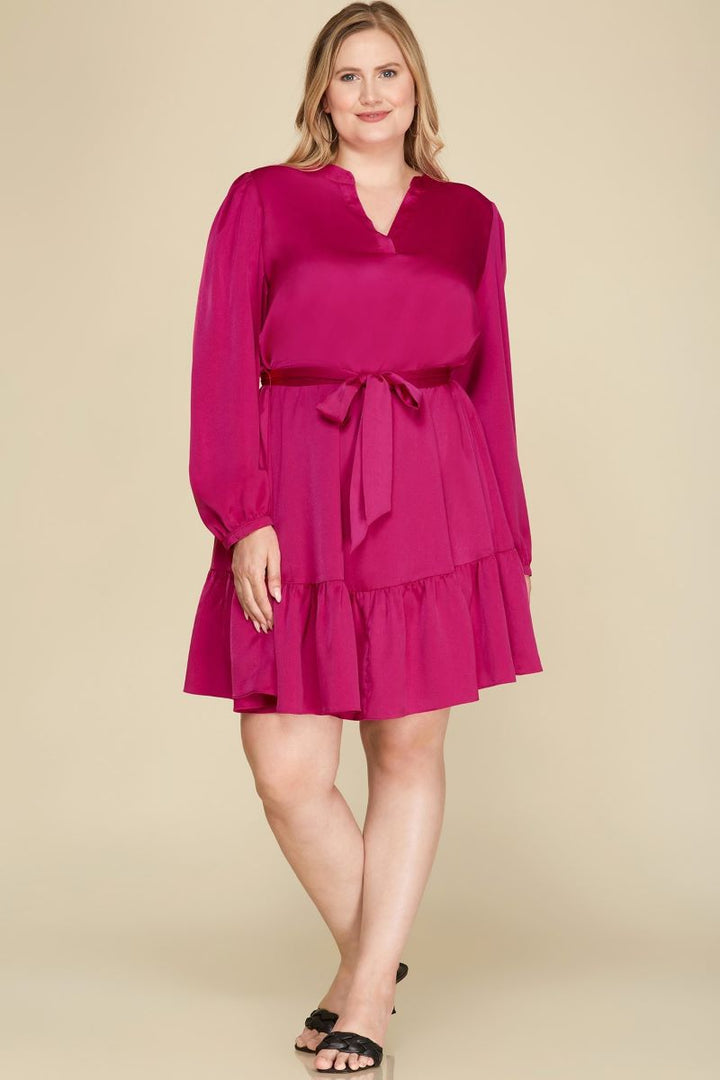 MAGENTA SATIN W/ WAIST SASH WOVEN PLUS SIZE MINI DRESS S10PSY4663