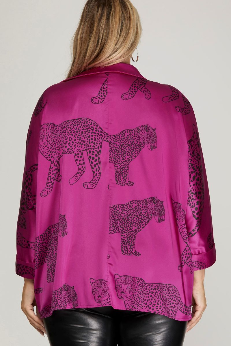 MAGENTA CHEETAH PRINT COLLAR 3/4 SLEEVES PLUS SIZE WOVEN TOP S10PSY5699