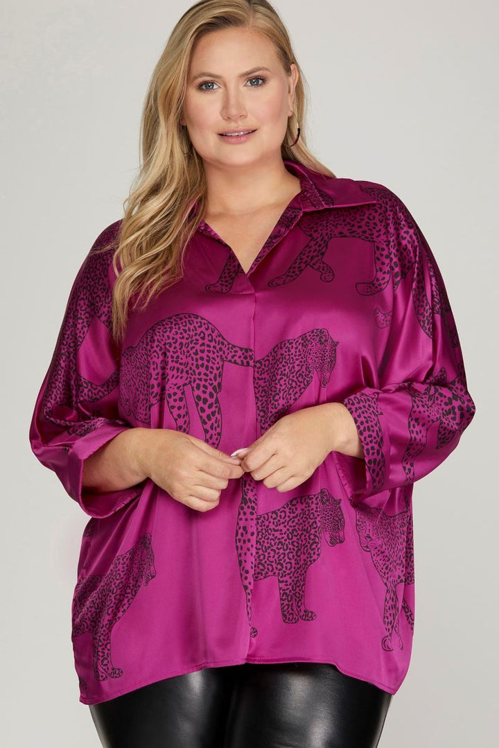 MAGENTA CHEETAH PRINT COLLAR 3/4 SLEEVES PLUS SIZE WOVEN TOP S10PSY5699