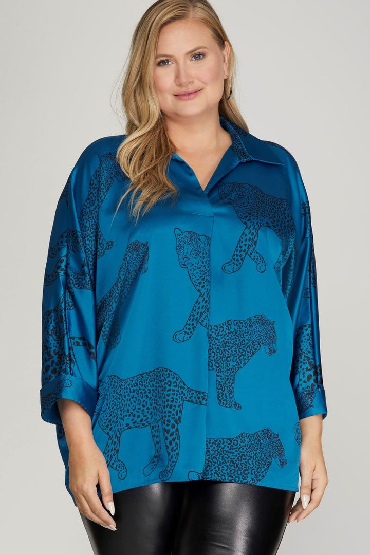 TEAL BLUE CHEETAH PRINT COLLAR 3/4 SLEEVES PLUS SIZE WOVEN TOP S10PSY5699