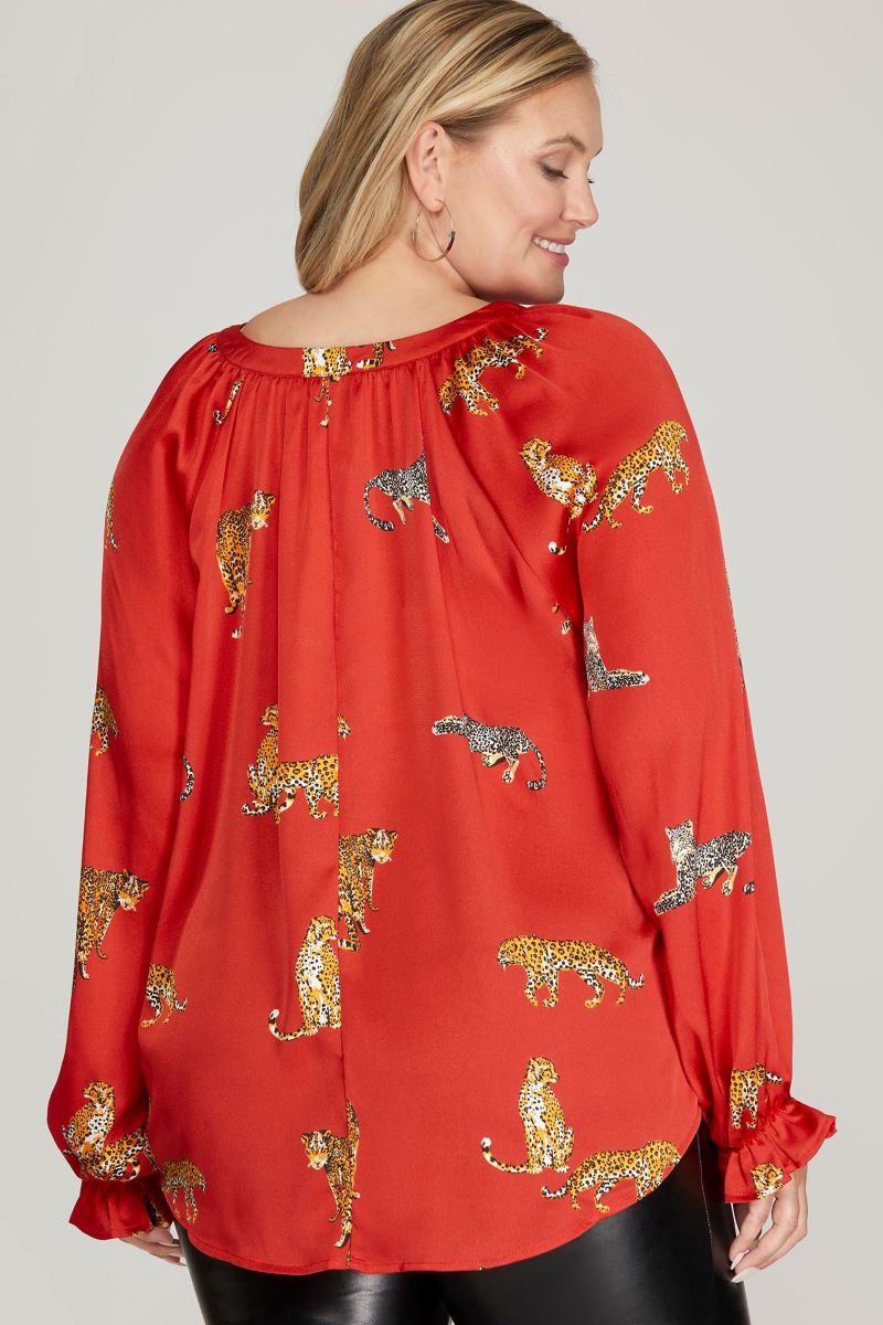 RED SATIN JAGUAR PRINT LONG SLEEVES PLUS SIZE WOVEN TOP S10PSY5748