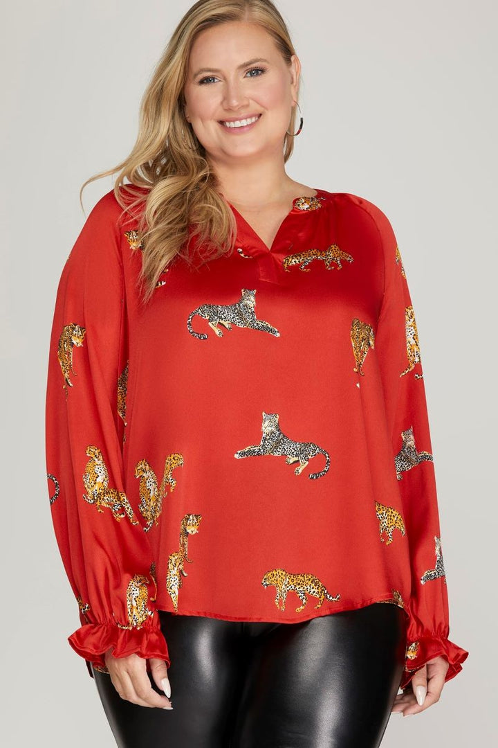 RED SATIN JAGUAR PRINT LONG SLEEVES PLUS SIZE WOVEN TOP S10PSY5748