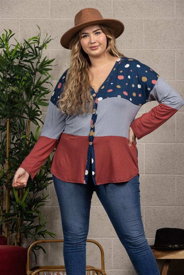 POLKADOT COLOR BLOCK BUTTON DOWN PLUS SIZE SWEATER-CT43590DX