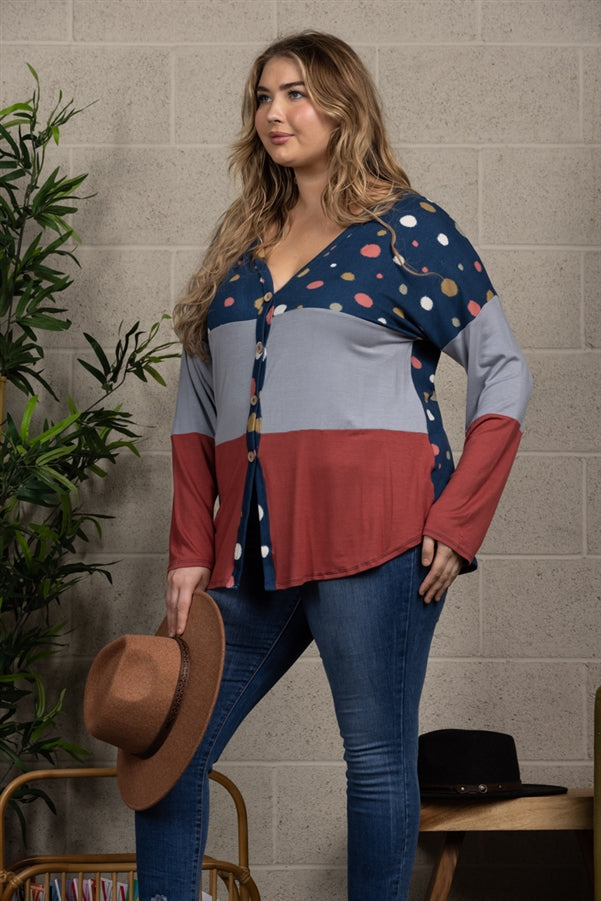 POLKADOT COLOR BLOCK BUTTON DOWN PLUS SIZE SWEATER-CT43590DX