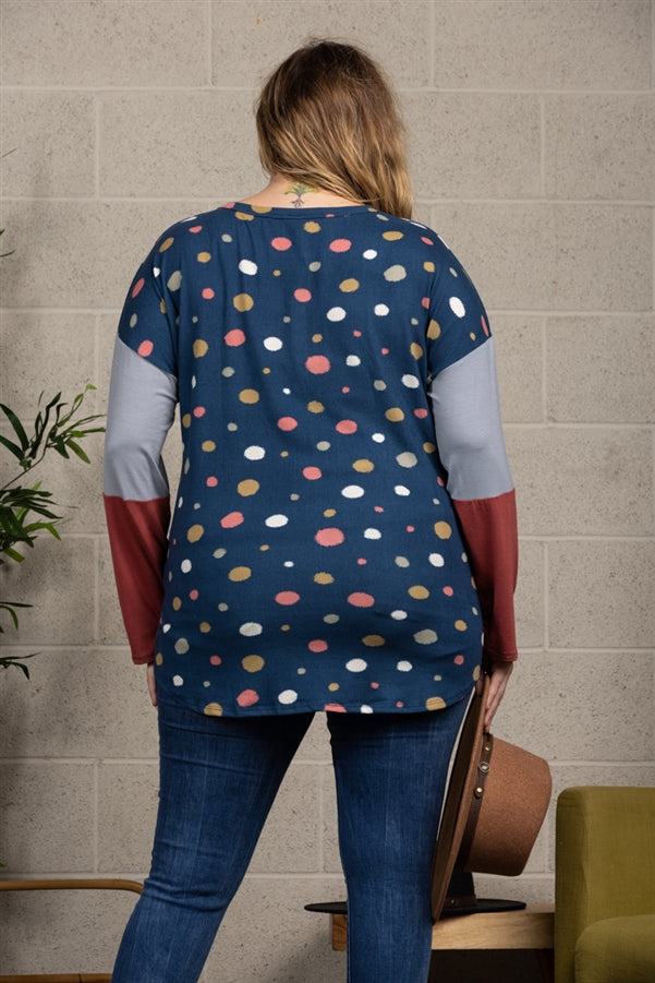 POLKADOT COLOR BLOCK BUTTON DOWN PLUS SIZE SWEATER-CT43590DX