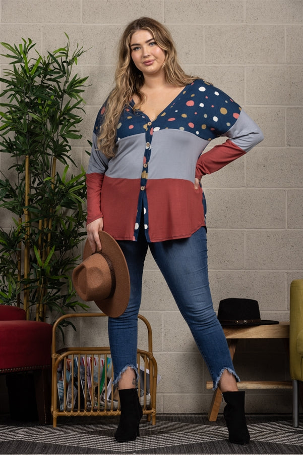 POLKADOT COLOR BLOCK BUTTON DOWN PLUS SIZE SWEATER-CT43590DX