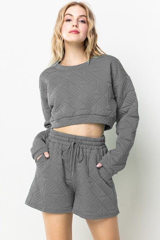 GREY QUILTED CROP TOP AND SHORTS SET SIC70049LS