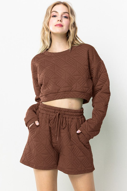 BROWN QUILTED CROP TOP AND SHORTS SET SIC70049LS