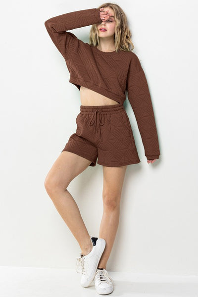 BROWN QUILTED CROP TOP AND SHORTS SET SIC70049LS