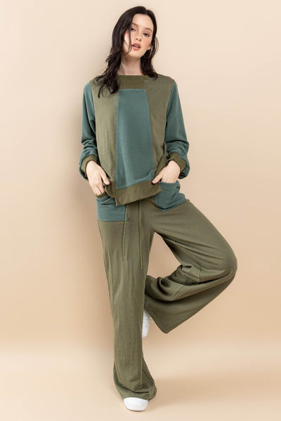 OLIVE TERRY CONTRAST SWEATSHIRTS AND PANTS SET SIC70097