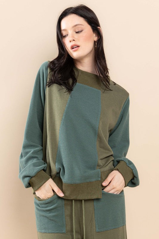 OLIVE TERRY CONTRAST SWEATSHIRTS AND PANTS SET SIC70097