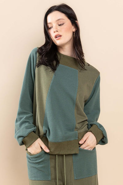 OLIVE TERRY CONTRAST SWEATSHIRTS AND PANTS SET SIC70097