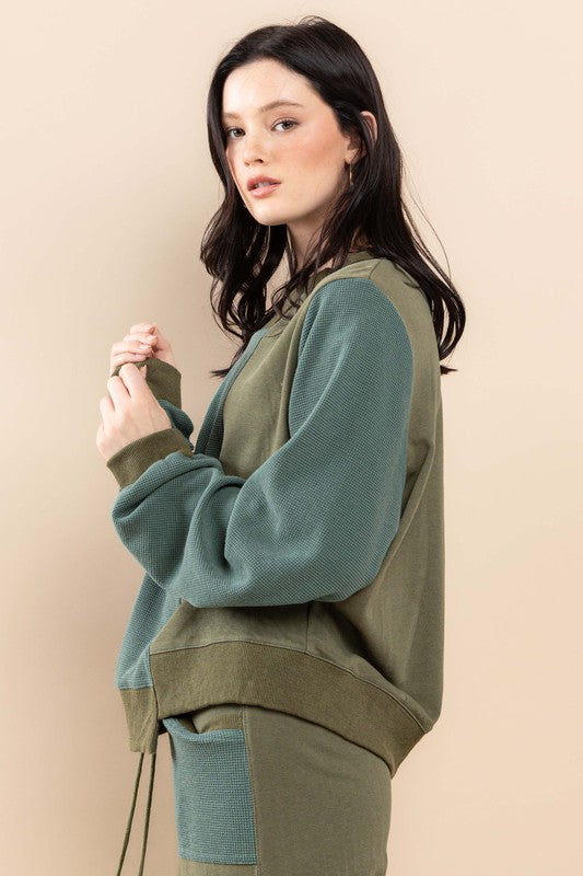 OLIVE TERRY CONTRAST SWEATSHIRTS AND PANTS SET SIC70097