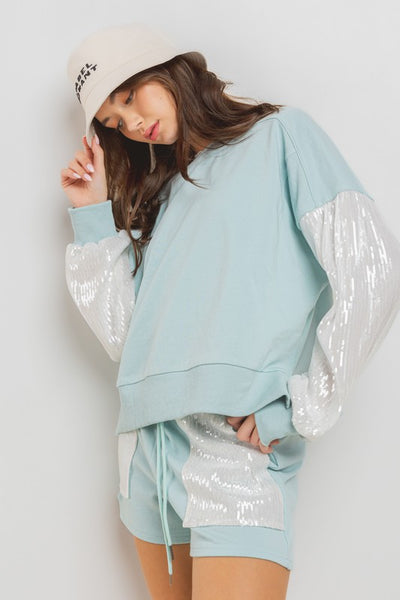 LT. BLUE SEQUIN SLEEVES SWEATSHIRT AND SHORTS SETS SIO70583