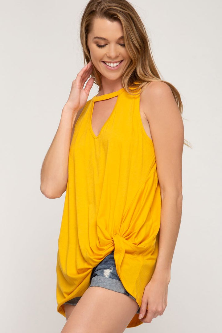 GOLD FRONT KEYHOLE & SIDE TWIST DETAILED TUNIC KNIT TOP S5SL9356