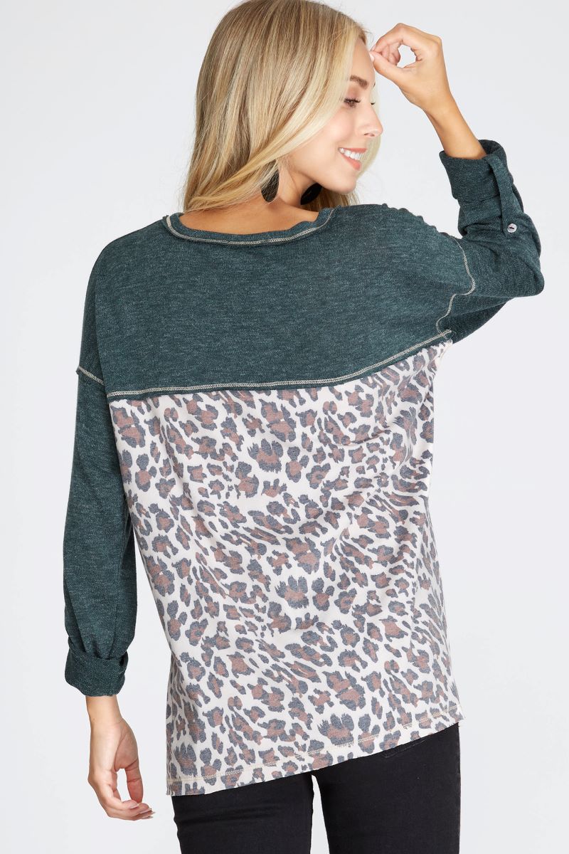 TEAL GREEN ANIMAL PRINT CONTRAST DETAIL LONG SLEEVES KNIT TOP S8SS5620