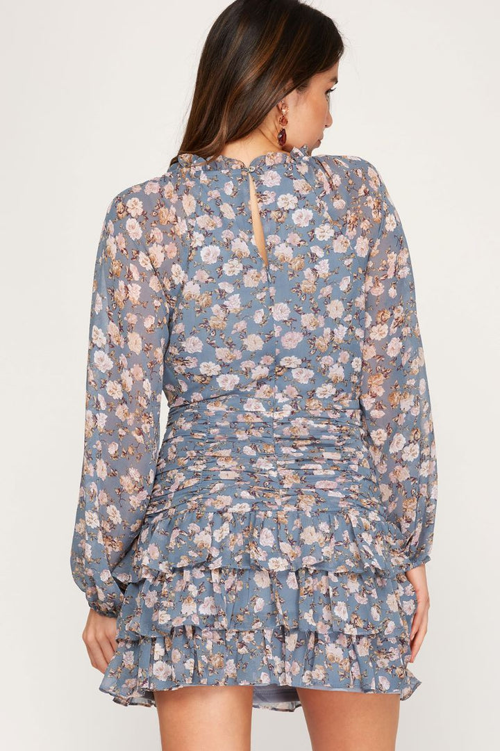 DUSTY BLUE FLORAL PRINT LONG RAGLAN SLEEVES RUFFLED MINI DRESS SS7690