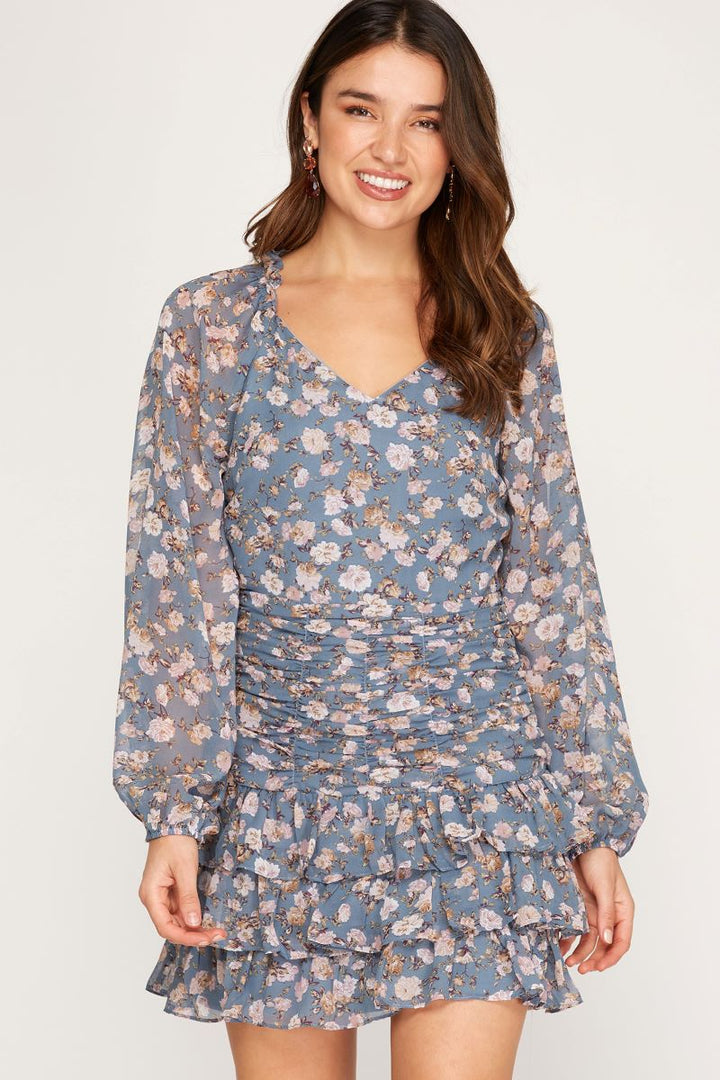 DUSTY BLUE FLORAL PRINT LONG RAGLAN SLEEVES RUFFLED MINI DRESS SS7690