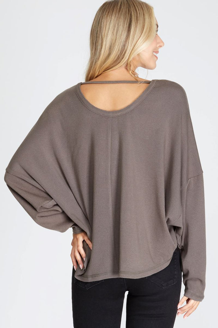 ASH GREY BATWING LONG SLEEVES BACK NECK STRAP DETAIL KNIT TOP S8SS7759