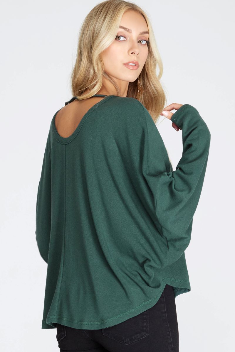 SEA GREEN BATWING LONG SLEEVES BACK NECK STRAP DETAIL KNIT TOP S8SS7759