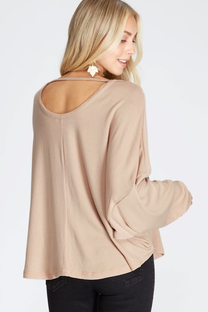 TAUPE BATWING LONG SLEEVES BACK NECK STRAP DETAIL KNIT TOP S8SS7759