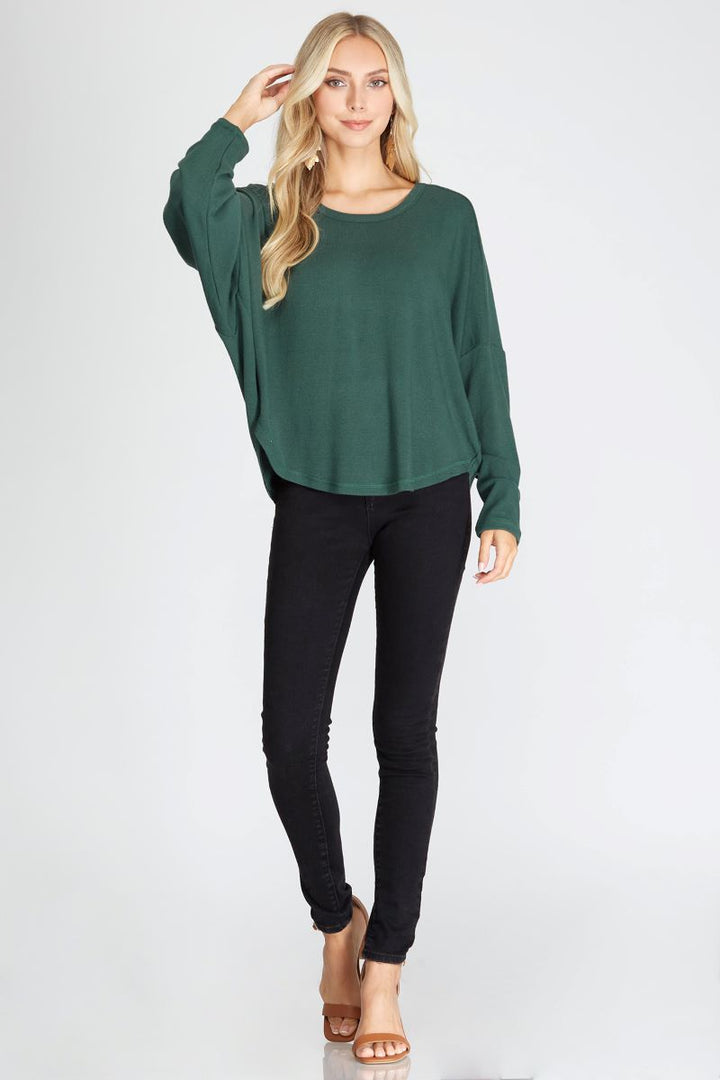 SEA GREEN BATWING LONG SLEEVES BACK NECK STRAP DETAIL KNIT TOP S8SS7759