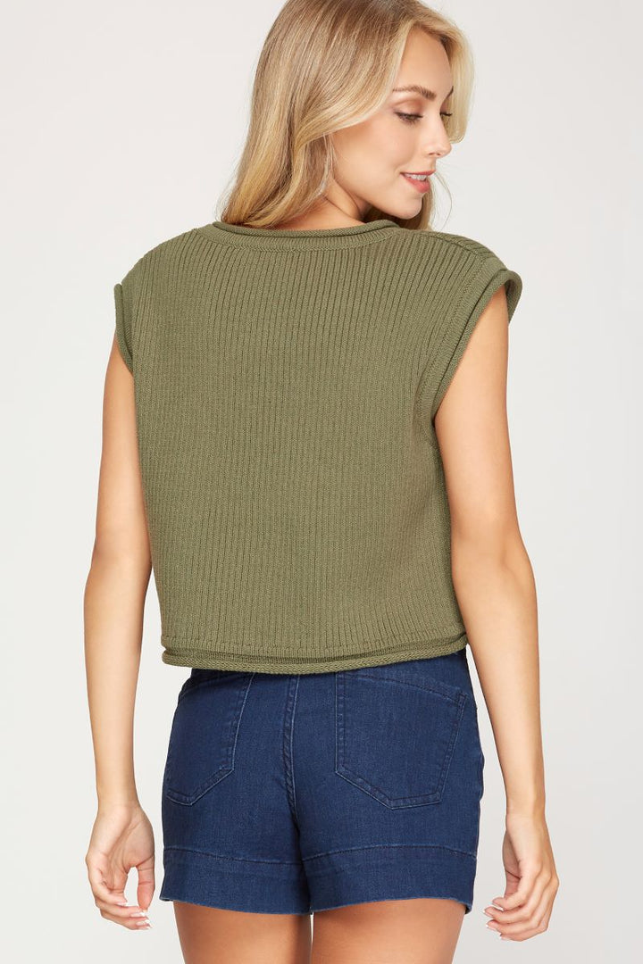 OLIVE RIB KNIT SLEEVELESS SWEATER CROP TOP S8SS8059