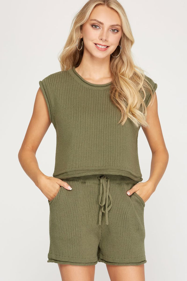 OLIVE RIB KNIT W/POCKETS SWEATER SHORTS S8SS8060