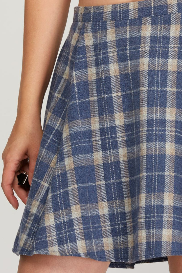 DUSTY BLUE WOVEN PLAID FLARED SKIRT S5SS8457