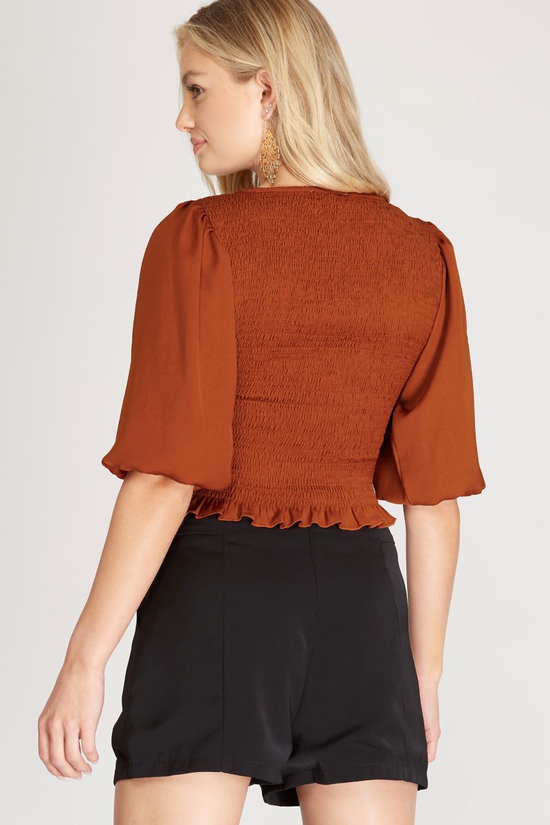 RUST SMOCKED HALF BUBBLE SLEEVES SATIN TOP S5SS8474