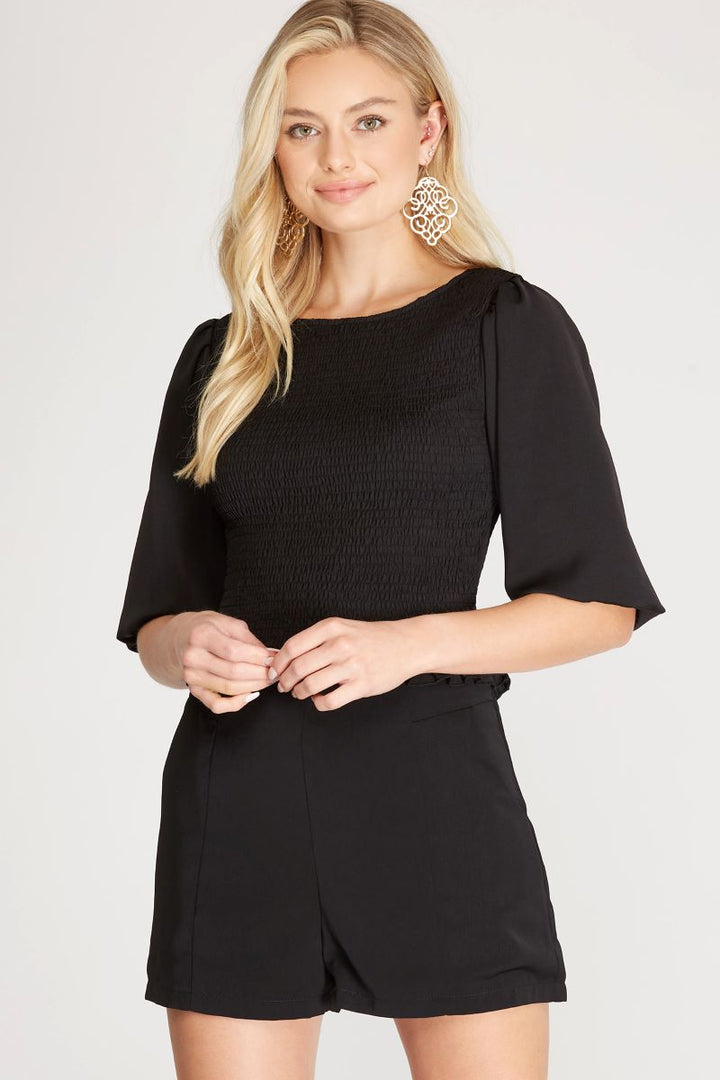 BLACK SMOCKED HALF BUBBLE SLEEVES SATIN TOP S5SS8474