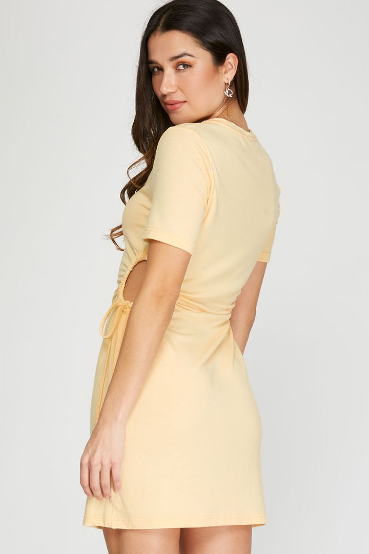 YELLOW RUCHED CUT-OUT DRAWSTRING  SIDES MINI DRESS S8SS9616