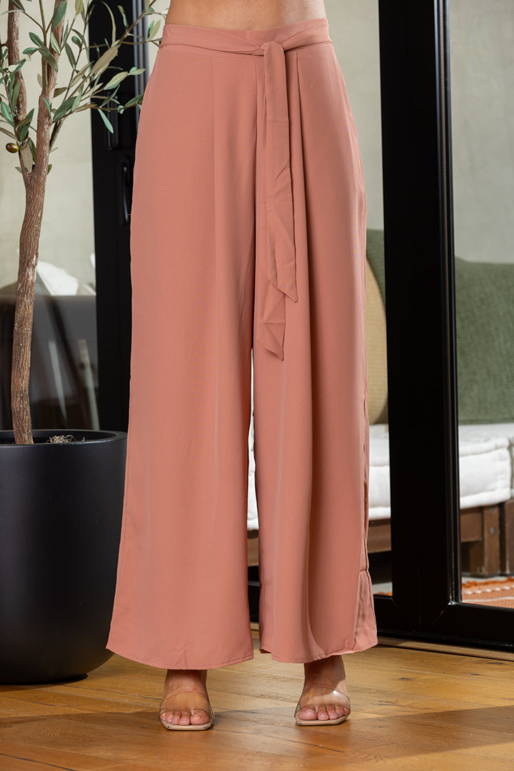 MAUVE HIGH WAISTED TIE KNOT WIDE LEG PANTS BL60014