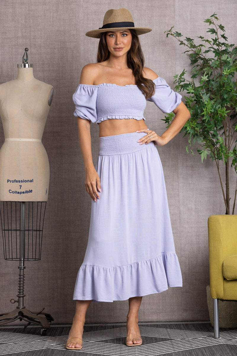 OFF SHOULDER PUFF SLEEVES CROP TOP AND RUFFLED HEM MAXI SKIRT SET