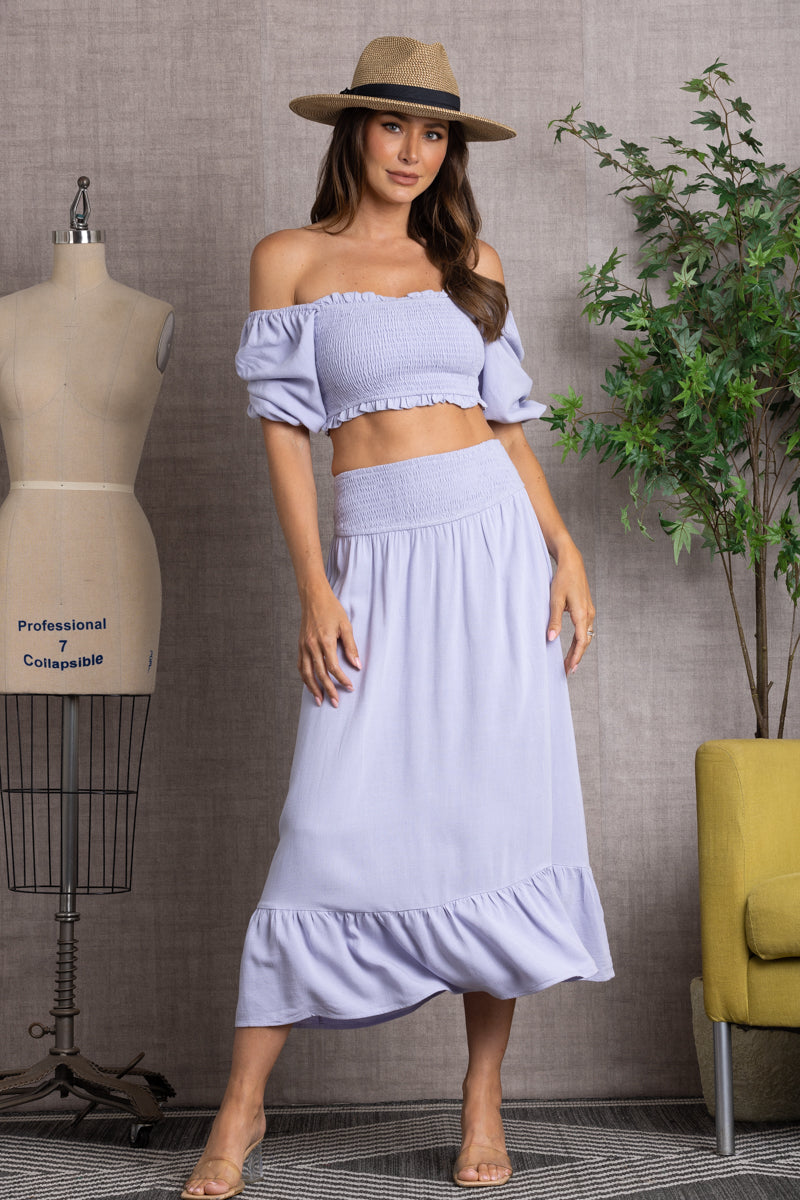 OFF SHOULDER PUFF SLEEVES CROP TOP AND RUFFLED HEM MAXI SKIRT SET