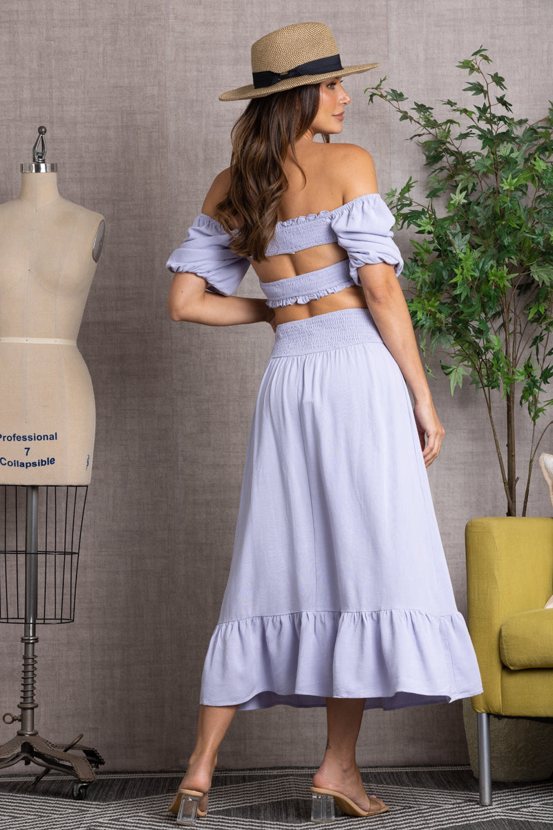 OFF SHOULDER PUFF SLEEVES CROP TOP AND RUFFLED HEM MAXI SKIRT SET