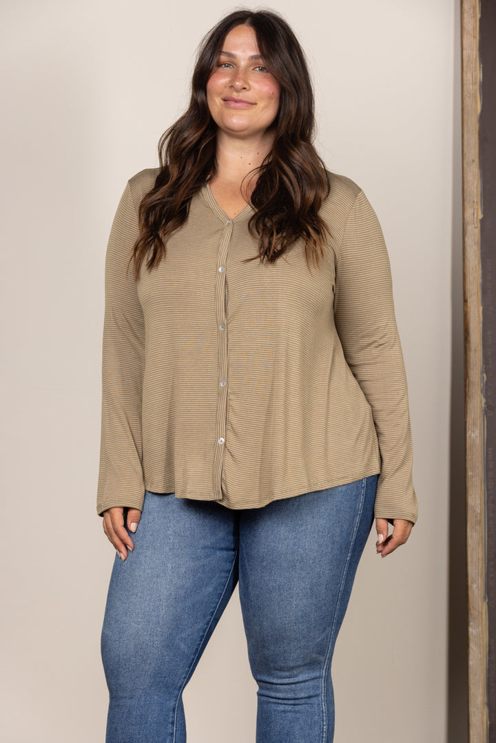 OLIVE V-NECK BUTTON DOWN PLUS SIZE KNIT TOP T8820PL