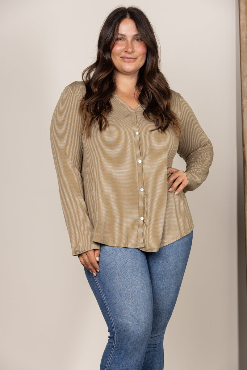 OLIVE V-NECK BUTTON DOWN PLUS SIZE KNIT TOP T8820PL