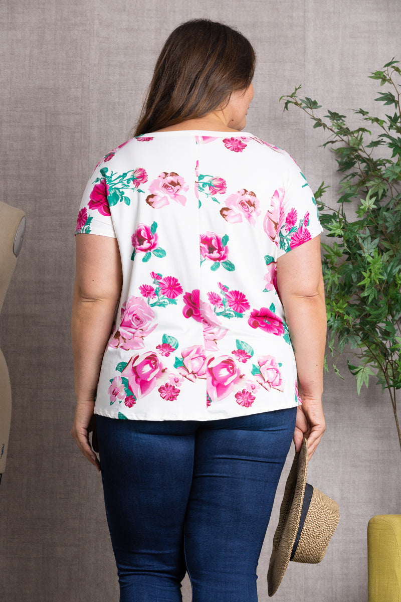 FLORAL PRINT TWISTED HEM PLUS SIZE TOP-ST1219