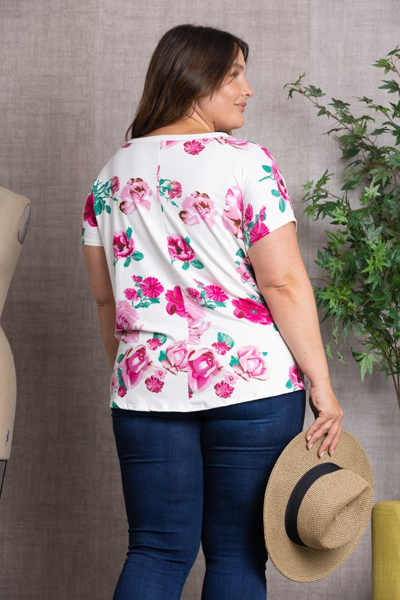 FLORAL PRINT TWISTED HEM PLUS SIZE TOP-ST1219