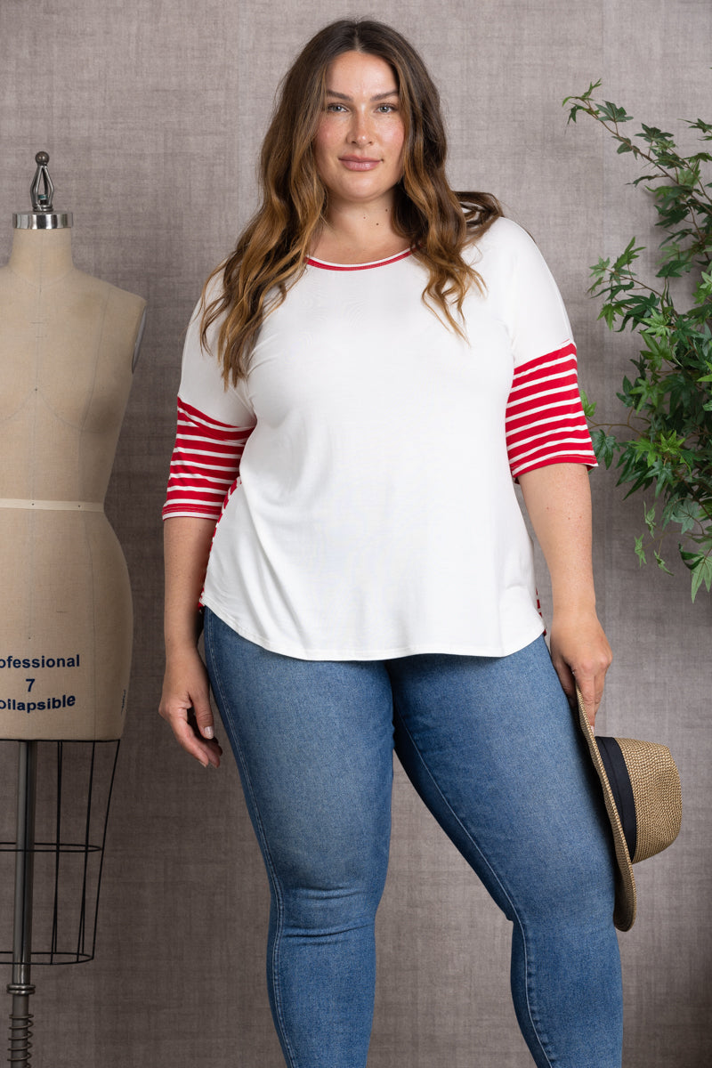 STRIPES DOLMAN SLEEVES ROUNDED HEM PLUS SIZE TOP-CT43557A