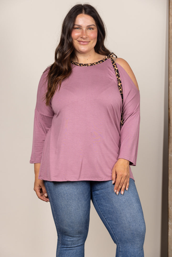 MUAVE COLD SHOULDER ANIMAL CONTRAST KNIT PLUS SIZE TOP CT43746