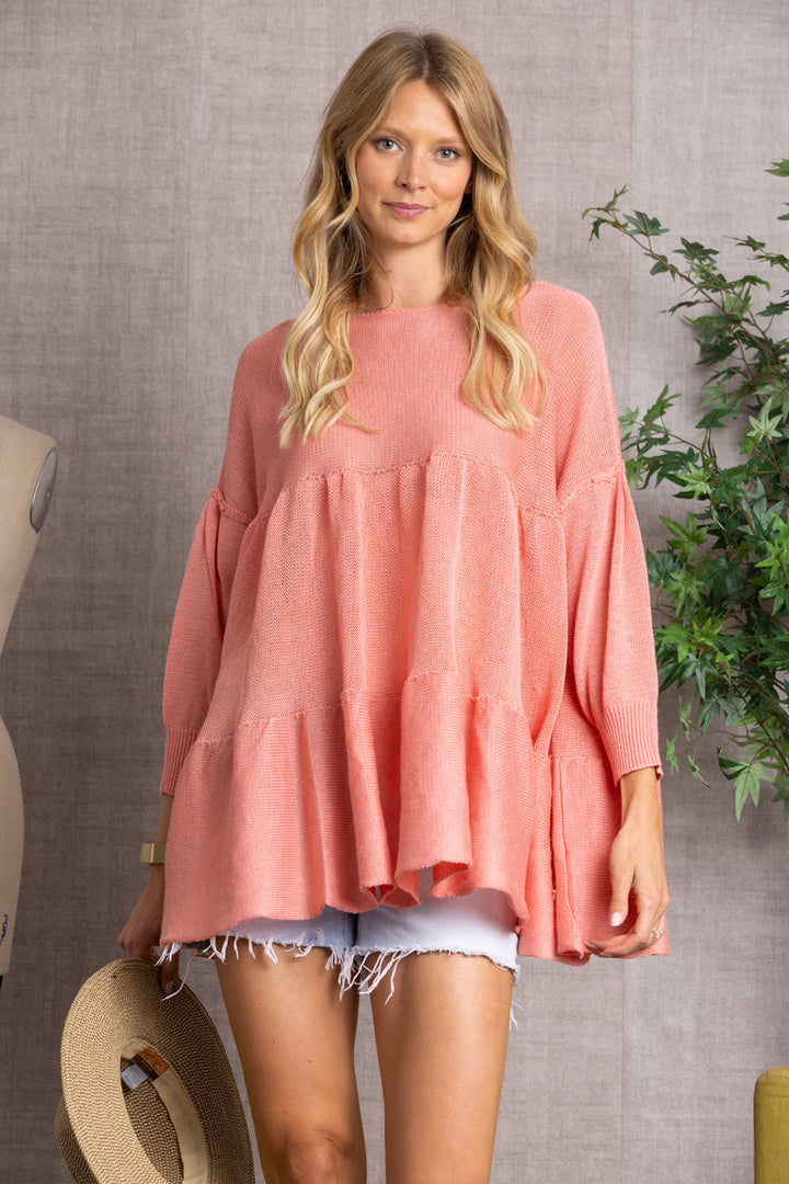 CORAL CABLE KNIT BABYDOLL TUNIC TOP-TI10408