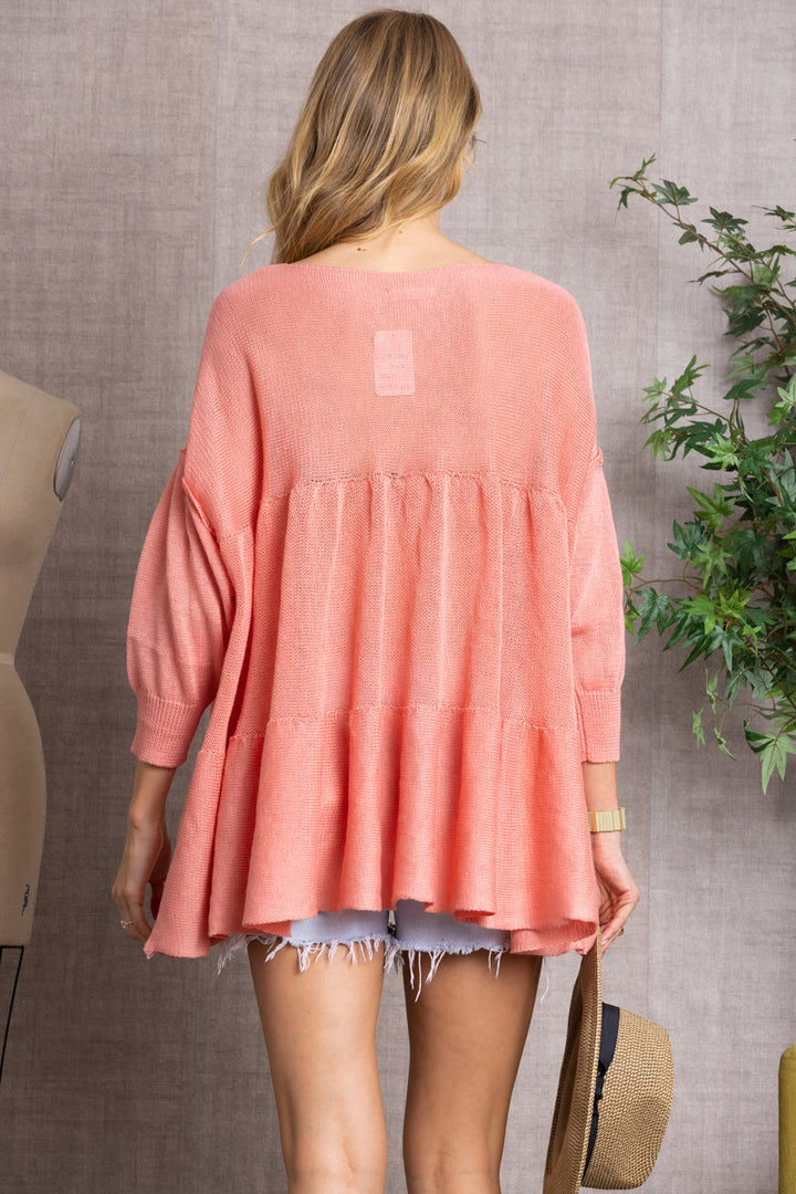 CORAL CABLE KNIT BABYDOLL TUNIC TOP-TI10408