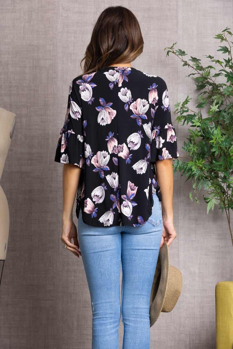 NOIR BLACK LILAC CROCUS FLORAL PRINT KNIT TOP B5282