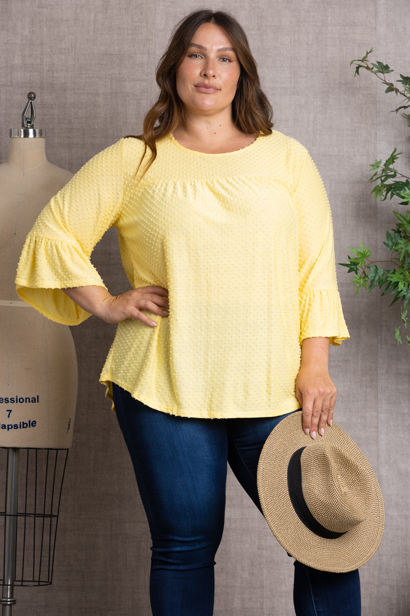 SWISS DOT 3/4 BELL SLEEVE PLUS SIZE TOP