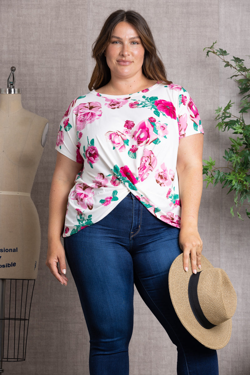 FLORAL PRINT TWISTED HEM PLUS SIZE TOP-ST1219