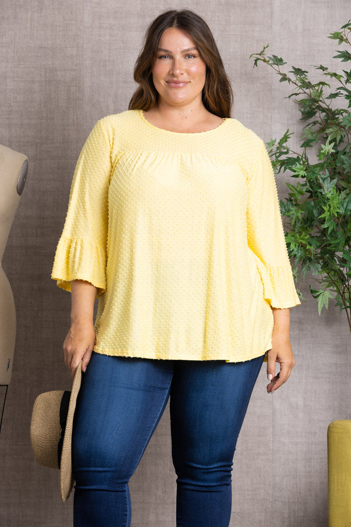 SWISS DOT 3/4 BELL SLEEVE PLUS SIZE TOP