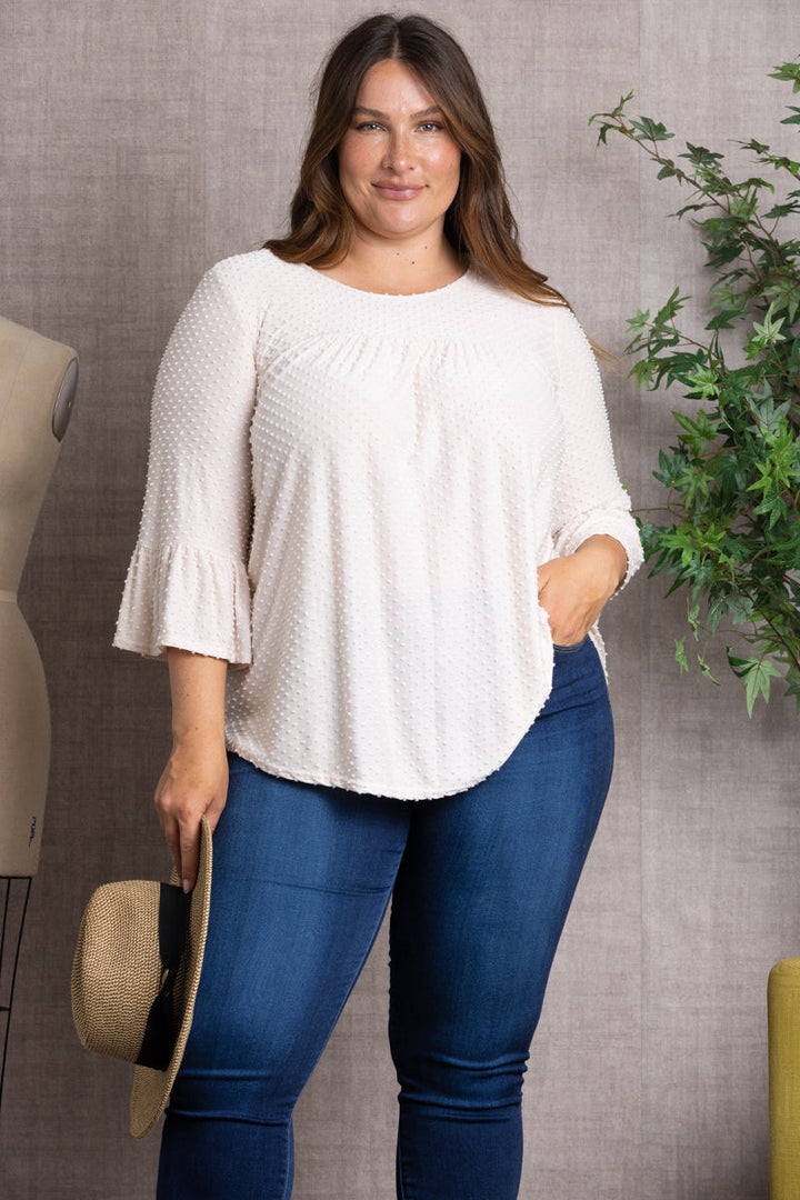 SWISS DOT 3/4 BELL SLEEVE PLUS SIZE TOP