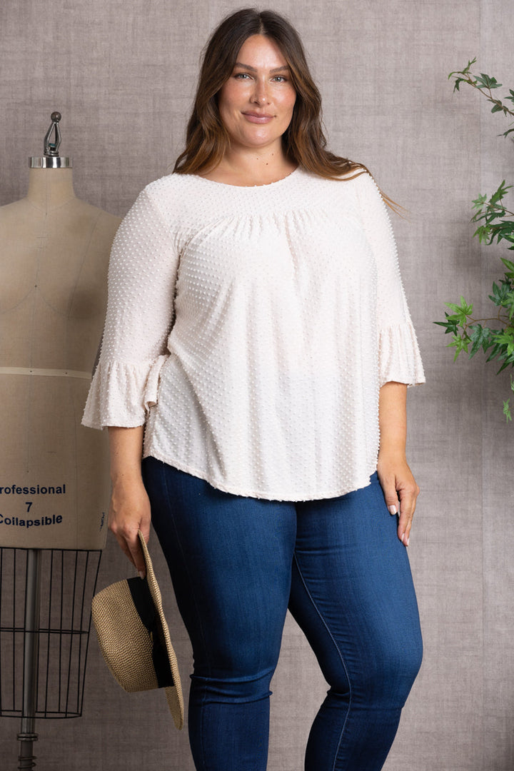 SWISS DOT 3/4 BELL SLEEVE PLUS SIZE TOP